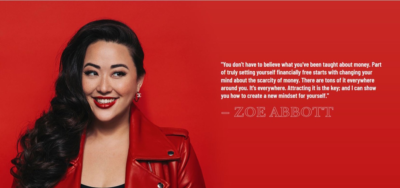 A website hero banner: a portrait in a red leather jacket against a flat red field, set beside a pull quote and the client's name