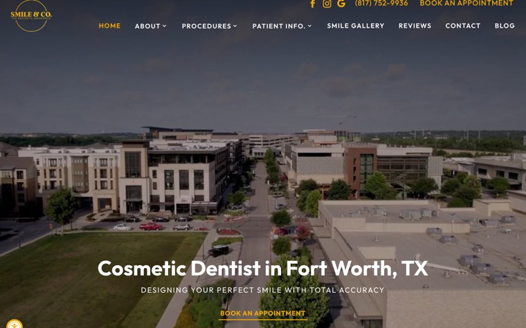 The Smile & Co. website, showing an aerial view of Fort Worth behind the booking call to action